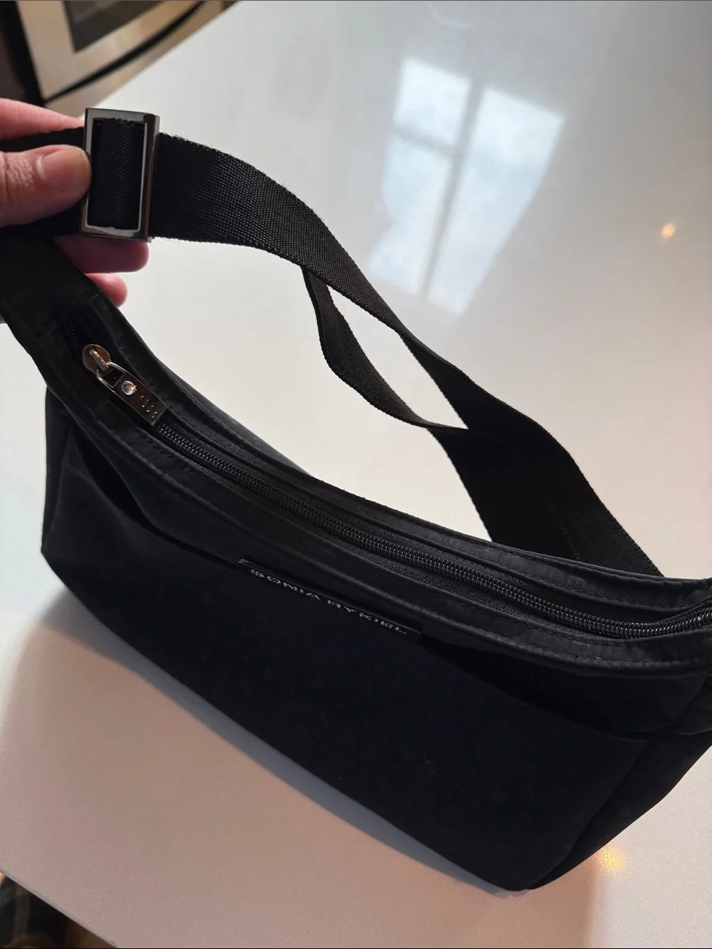 Sonia Rykiel Nylon Shoulder Bag, Monogrammed Pattern, Adjustable Strap, Black